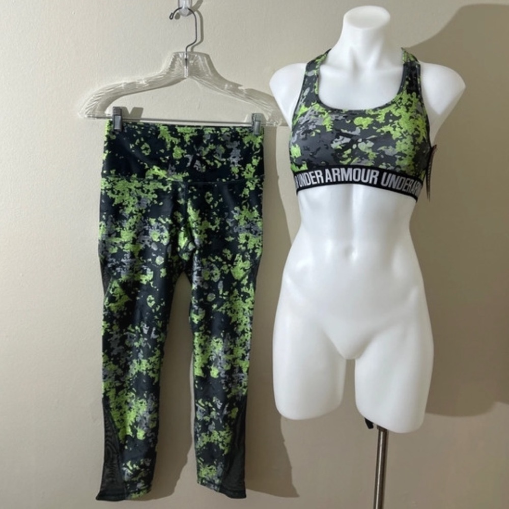 (NWT) Under Armour Gym Leggings & Sports Bra in Gray/Lime, Medium